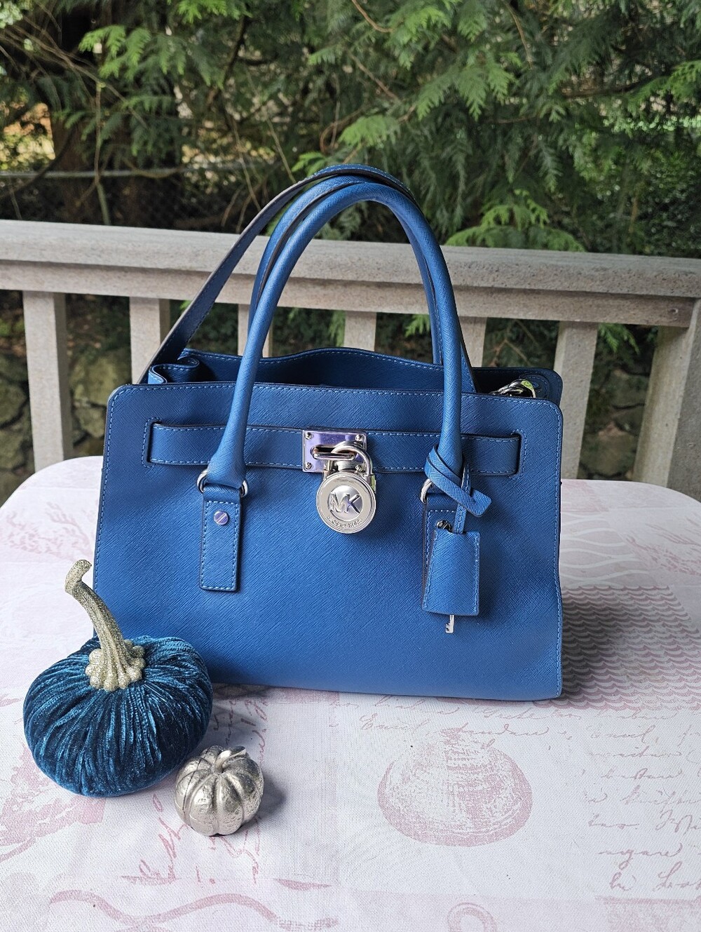 Michael Michael Kors Medium Hamilton  Saffiano Leather Satchel in Navy Blue